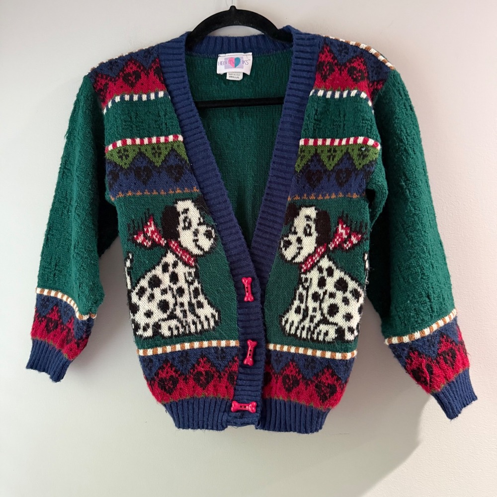 Heartworks Dalmatian Cardigan‎ Girls Size 4 Green Vintage Bone Buttons Excellent